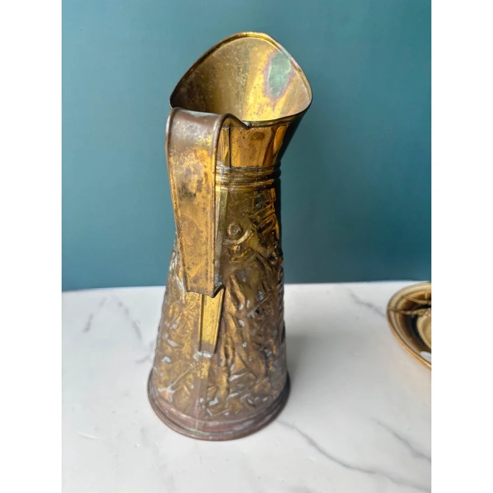 Vintage Embossed Brass Pitcher Repousse Tavern Scene Decorative 10 Inch England